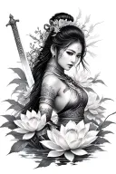 Photo realistic tattoo of a beautiful Asian woman warrior, with lotus flowers, a sword, highly detailed, flawless. tattoo design idea