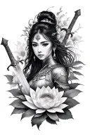Photo realistic tattoo of a beautiful Asian woman warrior, with lotus flowers, a sword, highly detailed, flawless. tattoo design idea