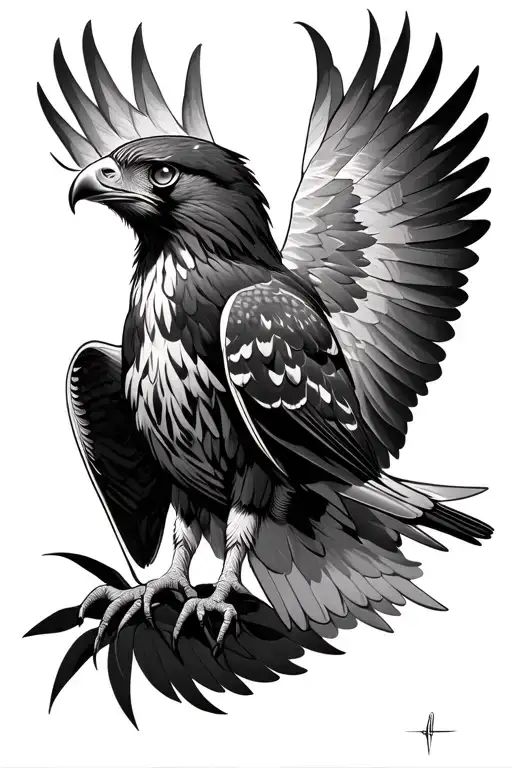 Make a realistic black-gray tattoo design of a hawk with spread wings and intense eyes as central eleme tattoo design idea