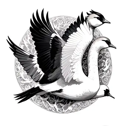 swan and robin flying tattoo design idea