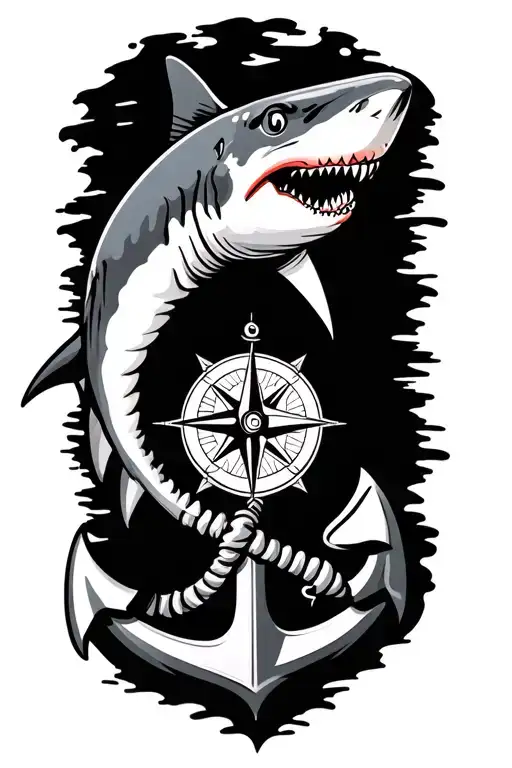boat anchor and compass shark emerging tattoo design idea