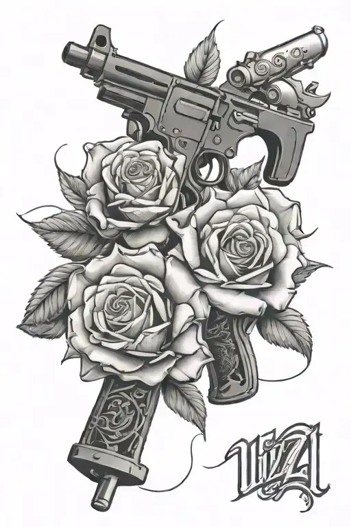 roses and 2 uzi guns tattoo design idea
