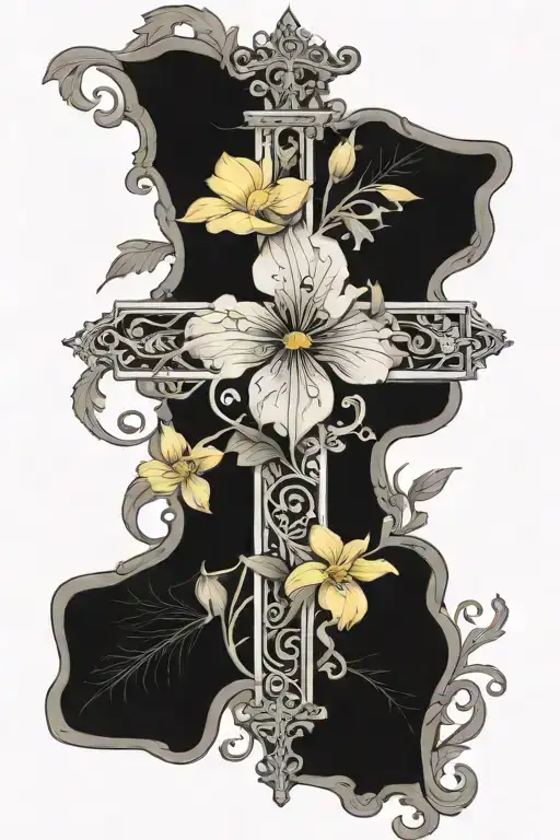 cross with narcissus flower cosmo flower pansy flower waterlily flower  rose flower with ivy vines tattoo design idea