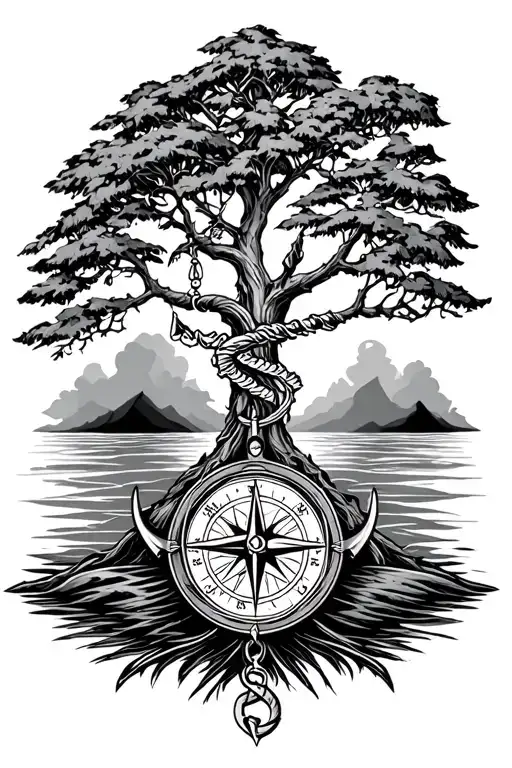 tree and compass and anchor connected tattoo design idea