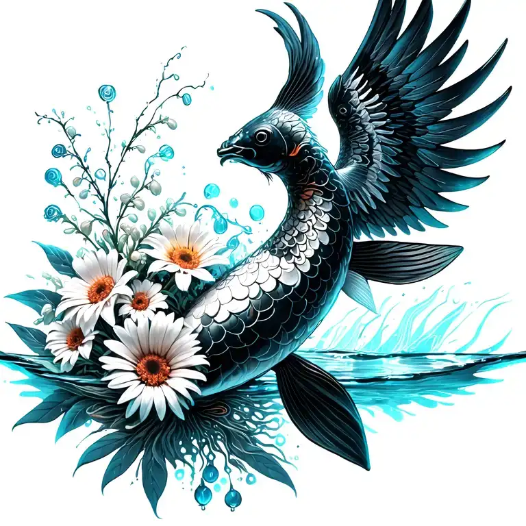 jumping Up out of water black white koi with phoenix wings, bouquet with an aster, a daisy, a lily of the valley tattoo design idea