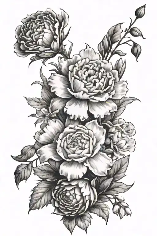 a carnation, a sweet pea, a lily of the valley, a hawthorn, a larkspur, and a chrysanthemum bouquet  tattoo design idea
