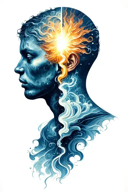 sleeve tattoo of side view of human head split in half with bi-polar depression emotions depicted as weather conditions  tattoo design idea