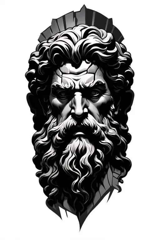 Greek cracked statue of Zeus. Make him look, demonic and powerful. Make the lighting come from behind. tattoo design idea