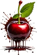 a cherry, with stem, coated in chocolate dripping off it and one large splatter tattoo design idea
