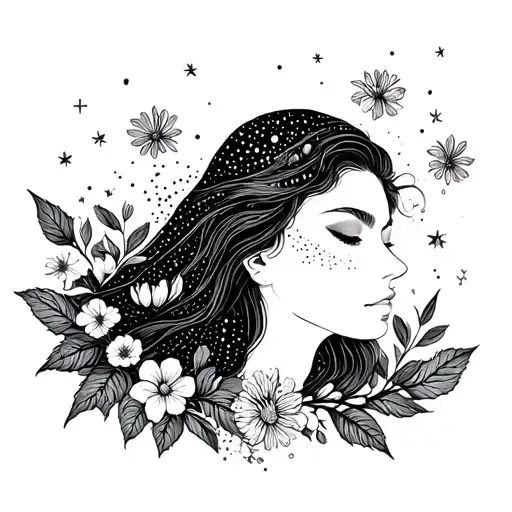 Female Aquarius zodiac sign flowers elegant fine line hurting by the past loving nature mountain and travel with kids tattoo design idea