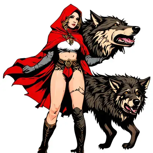 red riding hood pin up girl standing in triumph, holding the severed head of the wolf off to her side by the wolf's mane tattoo design idea