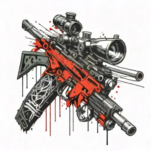 whiskey bottle and syringe shaped sniper rifle tattoo design idea