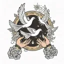 hands holding in front of heavens gates doves flying tattoo design idea