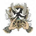 hands holding in front of heavens gates doves flying tattoo design idea