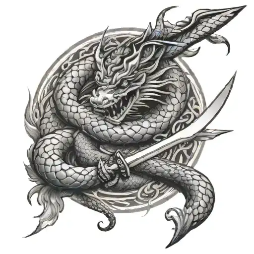 samurai sword w snake and dragon wrapped tattoo design idea