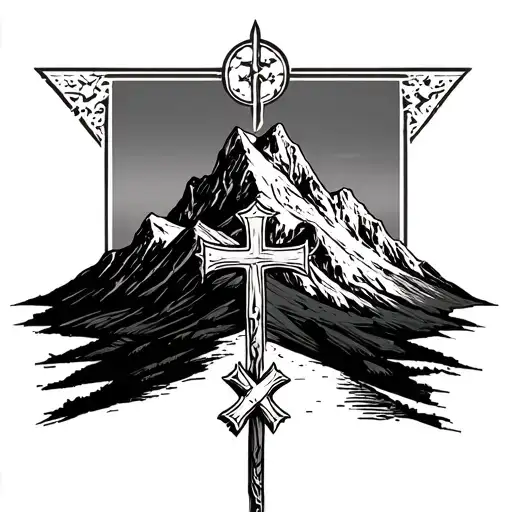 mountain range with saint andrews cross under it tattoo design idea