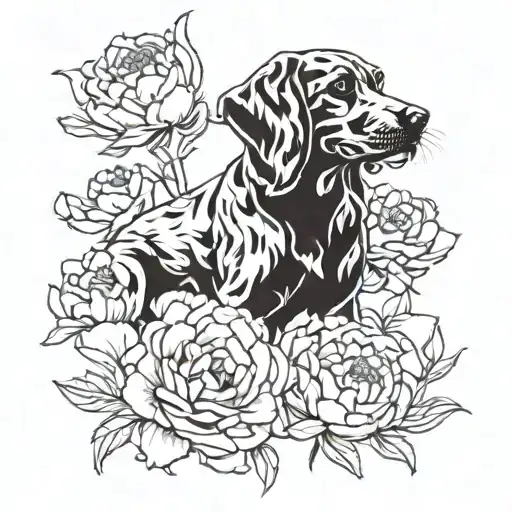 An abstract representation of the client's favorite dog breed swimming in a sea of peonies tattoo design idea