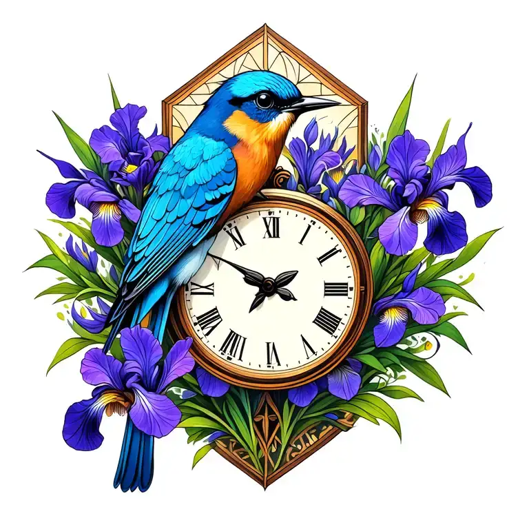 bluebird with purple iris flowers with clock tattoo design idea