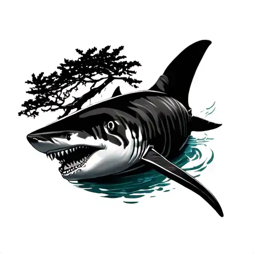 tiger shark silhouette from above heading toward mangrove tree tattoo design idea