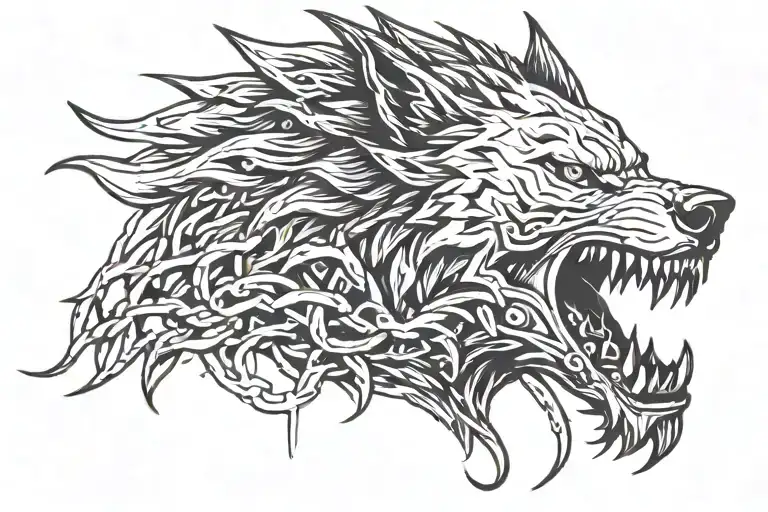Fenrir's body part and head breaks the chains tattoo design idea