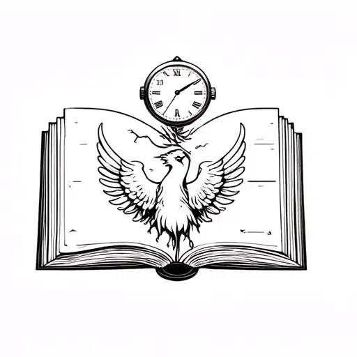 an open book with a phoenix above and between its wings a broken watch the small hand of the watch in the 7 tattoo design idea