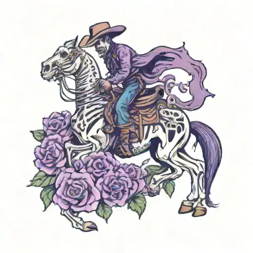 Skeleton cowboy on a skeleton bucking horse surrounded in purple roses tattoo design idea