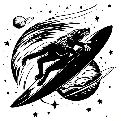 animal surfing in space among planets and stars tattoo design idea