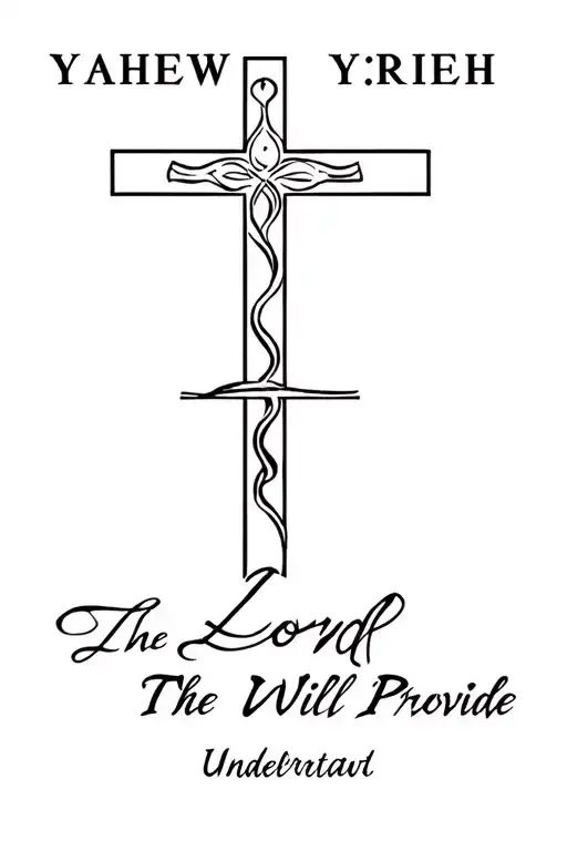 cross with the words YAHEW YIREH on top and The Lord Will Provide underneath  tattoo design idea