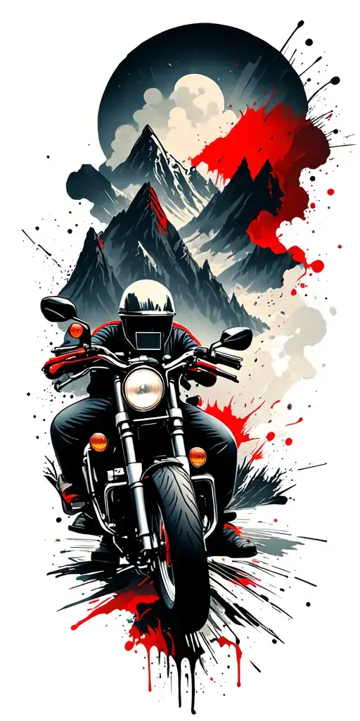 Mountains, dark forests, a motorcycle, clouds, brush strokes, and paint splashes tattoo design idea
