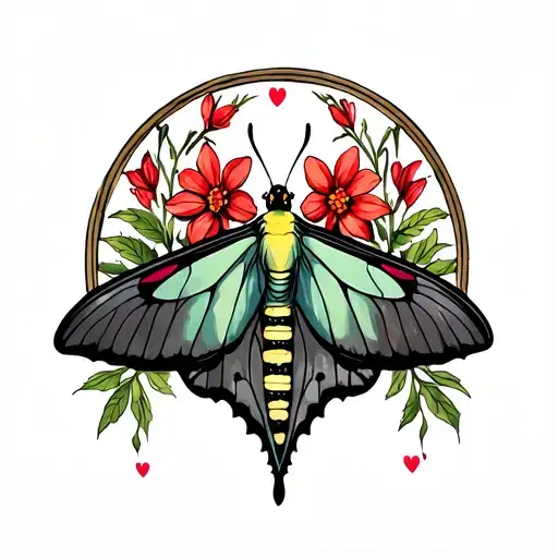 Neotraditional tattoo design of a Luna moth underneath an arch of some bleeding hearts flowers with Indian paintbrush tattoo design idea