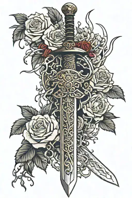 elden ring sword surrounded by roses and rain  tattoo design idea