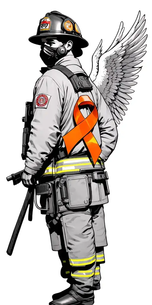 male firefighter #17with mask on, angel wings for my grandma, orange cancer ribbon for me tattoo design idea