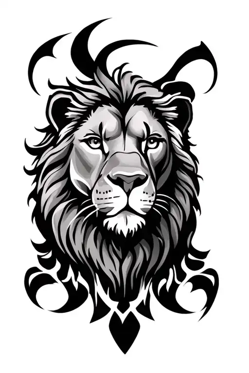 Lion head shoulder tattoo featuring realistic design featuring tribal design at the bottom tattoo design idea