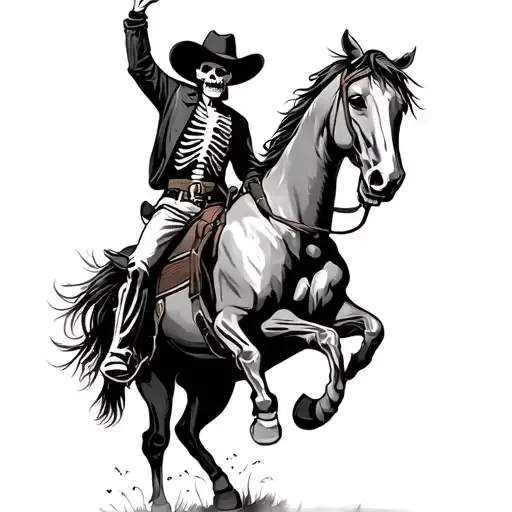 skeleton cowboy riding a bucking horse raising his cowboy hat tattoo design idea