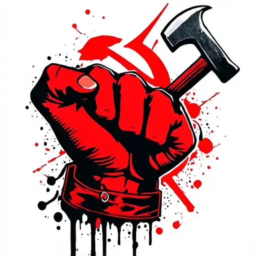 red and black fist triumphantly holding hammer and sickle tattoo design idea