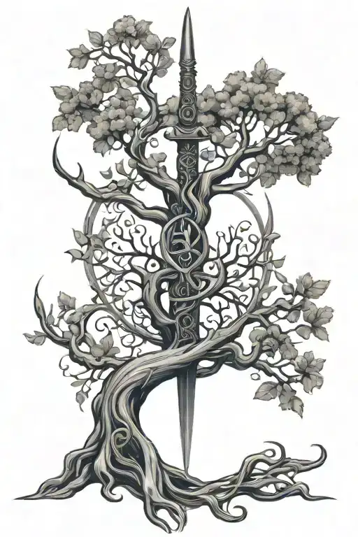 tree of Life intertwined with long sword surrounded tattoo design idea