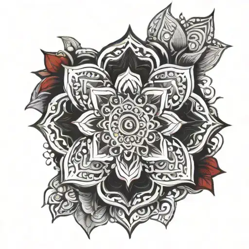 red and black mandala long flower tattoo with moon tattoo design idea