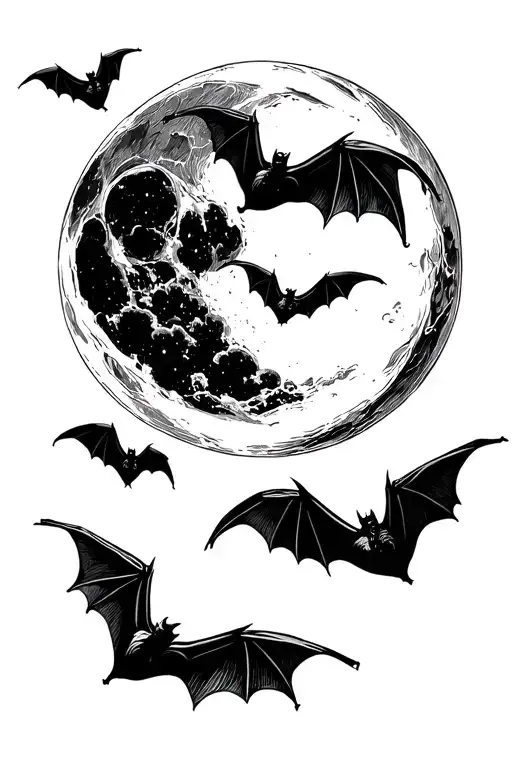 bats flying to the moon tattoo design idea