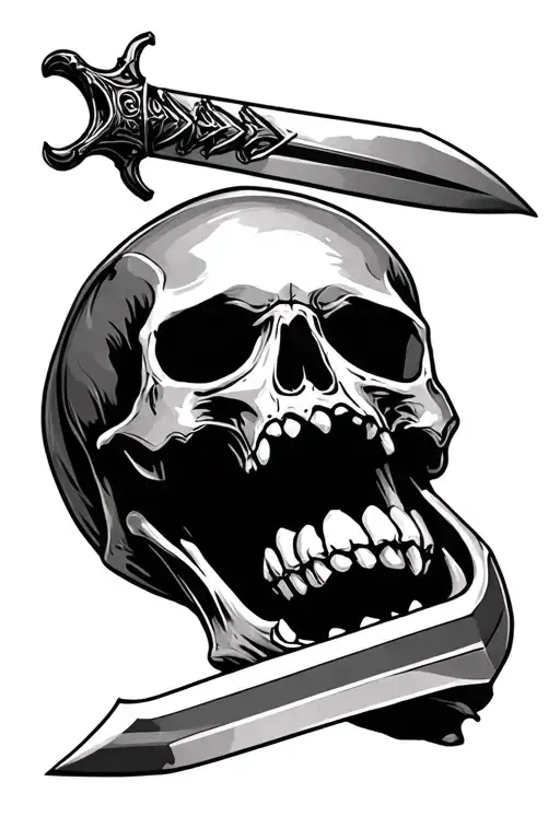 Skull with dagger in mouth wide open tattoo design idea