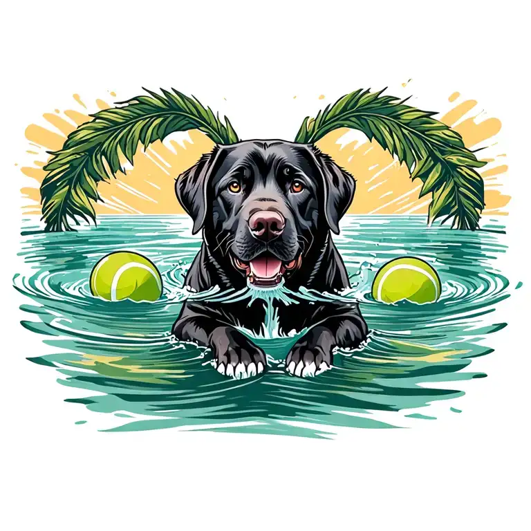 Dog black english labrador retriever swimming with tennis ball.  tattoo design idea