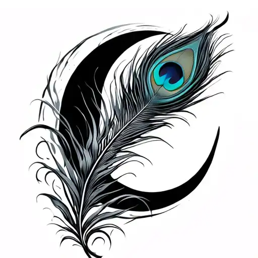 flute and peacock feather and a semi moon phases tattoo design idea