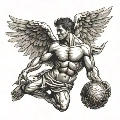 muscular man with wings falling Icarus tattoo design idea