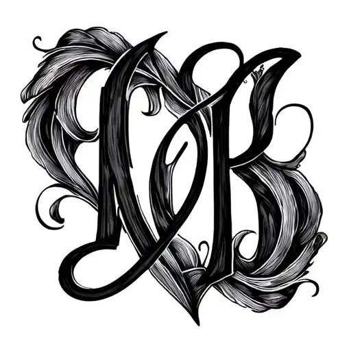 black and white linework drawing, 3 initials in calligraphy font with swashes, initials create heart shape. "A" "D" "K" tattoo design idea