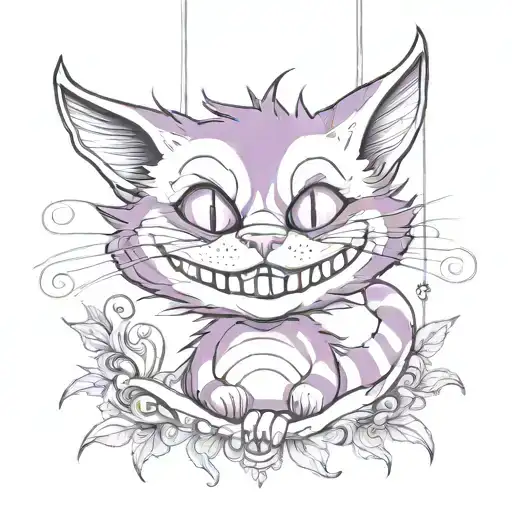 original cartoon purple cheshire cat from alice in wonderland hanging from his tale, a cheeky gin high on hallucinagens  tattoo design idea