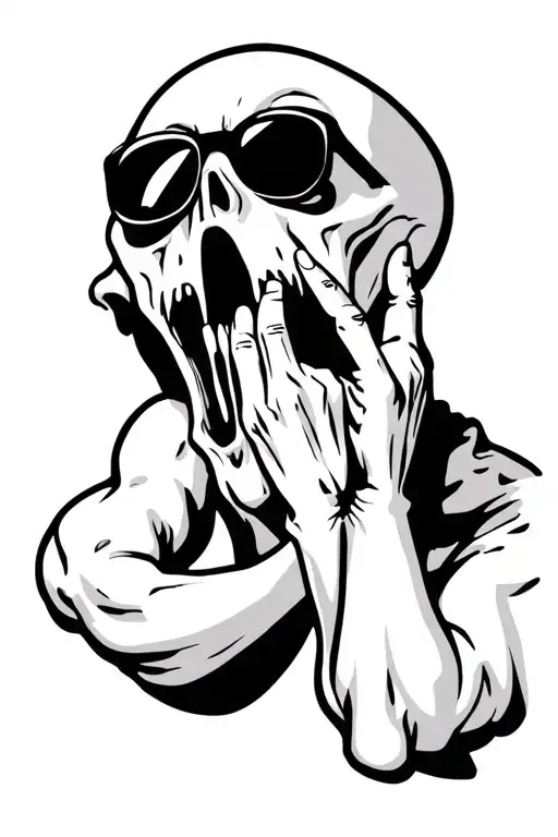 "Tattoo of a ghost with black sunglasses, muscular arms, pulling down its lower eyelid with one finger." tattoo design idea