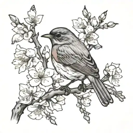 American Robin and cherry blossom   tattoo design idea