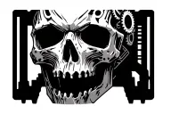 warhammer 40k mechanicus skull with gears and electrical elements tattoo design idea