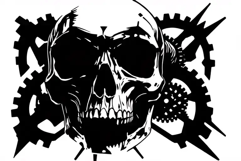 warhammer 40k mechanicus skull with gears and electrical elements tattoo design idea