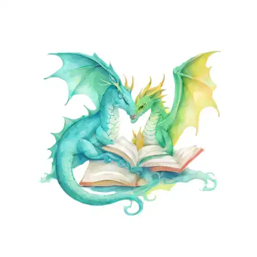 two dragons reading a book open tattoo design idea