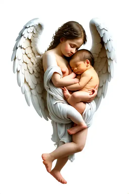 protective angel carrying two newborn babies sleeping, cuddling the 2 babies with angel wings together with tattoo design idea